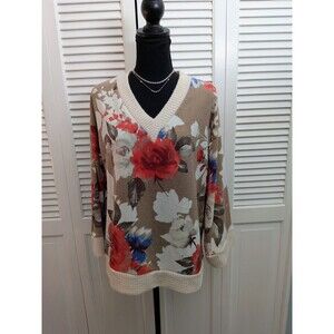 White Birch Lightweight Sweater Womens S Tan Coral Floral Cozy Core Vneck Fuzzy
